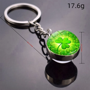 Lucky four leaf clover keychain with double sided glass ball and silver metal pendant