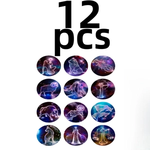 12-piece 25mm glass zodiac fridge magnets set with cosmic blue starry sky patterns