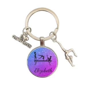 Gymnastics keychain with silver ring, gymnast charm and personalized purple glass pendant