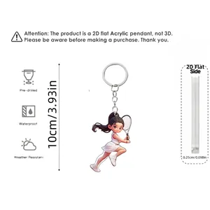 Flat 2D acrylic girl tennis keychain showing 10cm size dimensions and 0.25cm thickness