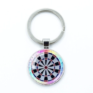 Creative dartboard keychain with silver metal ring and colorful iridescent pendant edge