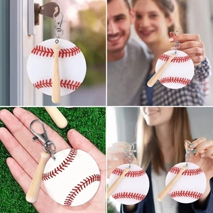 Baseball keychain set with white acrylic ball, mini wooden bat and metal lobster clasp