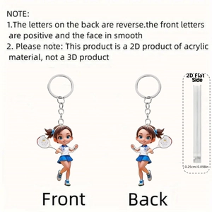 Acrylic 2D cartoon girl badminton keychain shown in front, back and side views