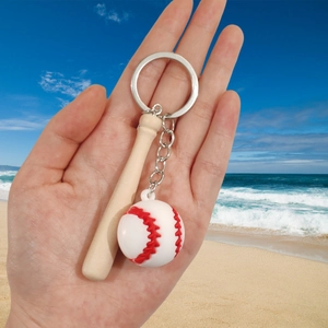 Porte-clés baseball 3D en PVC avec mini batte en bois et balle réaliste tenu à la main