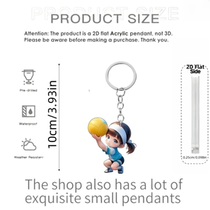 Blue volleyball girl acrylic keychain featuring 10cm height and 0.25cm slim design