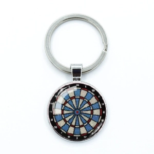 Dartboard keychain with metal lobster clasp and glass cabochon dart board pattern pendant