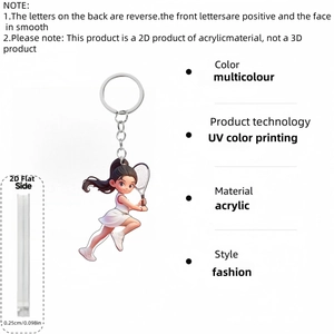 Detailed macro view showing the 0.098 inch thickness of UV printed acrylic tennis girl keychain