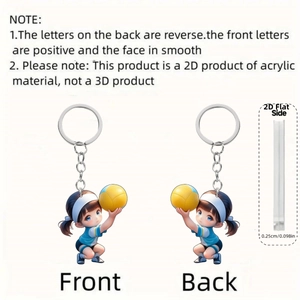 2D acrylic volleyball girl keychain featuring front and back views with 0.25cm thickness