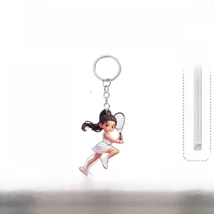 Detail view of 2D acrylic girl keychain showing 0.25cm thickness and tennis design