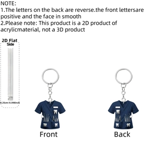 Detail of 2D acrylic dentist uniform ornament showing front and back views with 0.25cm thickness