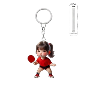 Porte-clés fille pongiste en acrylique 2D avec détail d'épaisseur de 0,25 cm