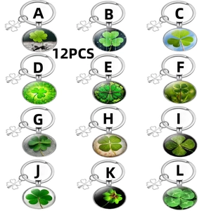 Four Leaf Clover Keychain Lucky Shamrock Glass Cabochon Pendant Zinc Alloy Silver Key Ring Jewelry For Car Bag Decoration