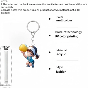 Detail view of the 0.25cm thick 2D acrylic volleyball girl keychain with UV printing