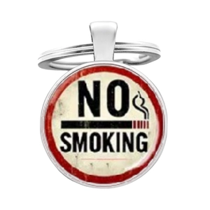 Classic round metal No Smoking warning keychain with vintage wooden texture design