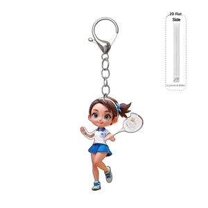 Detail showing the 0.25cm thickness of the 2D acrylic badminton girl keychain charm