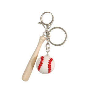 Porte-clés de baseball 3D en PVC avec mini batte et balle blanche sur anneau argenté