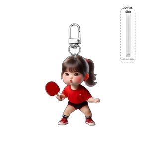 Vue détaillée du porte-clés en acrylique de 0,25cm montrant une joueuse de ping-pong