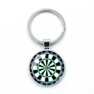 Detail of dartboard keychain featuring round glass cabochon pendant and metal lobster clasp