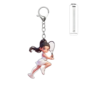 Detail view of 0.25cm thick 2D flat acrylic keychain with a tennis girl design