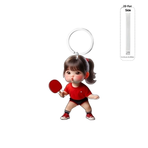 Détail du porte-clés acrylique fille ping-pong avec vue de profil de 0,25 cm d'épaisseur