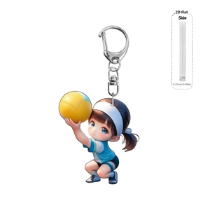 Cute acrylic seahorse volleyball girl keychain with 2D flat design and 0.25cm side view