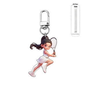 Detail view of 0.25cm thick 2D flat acrylic keychain with tennis girl design and silver clip