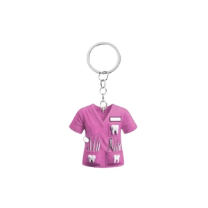 Pink dentist uniform car charm keychain with 3D tooth and dental tools on white background