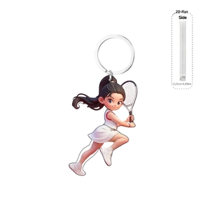 Detail view of 0.25cm thick 2D flat acrylic keychain with a tennis girl design