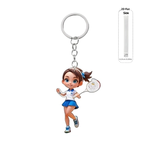 Detailed view of 2D acrylic keychain featuring a cartoon tennis girl and silver ring