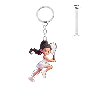 Macro view of 2D flat acrylic tennis girl keychain showing 0.25cm thickness detail