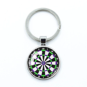Close-up of circular dartboard keychain featuring silver metal frame and colorful numbers