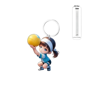 Detail view of 0.25cm thick 2D flat acrylic volleyball girl keychain with side profile