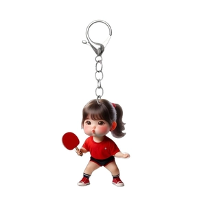 Porte-clés personnage fille avec raquette de ping-pong et fermoir mousqueton argenté