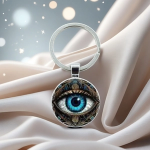Detailaufnahme des blauen Evil Eye Schlüsselanhängers auf grauem Satin-Hintergrund