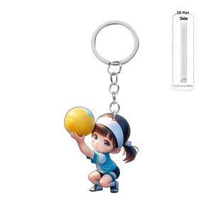 Detail view of 0.25cm thick 2D flat acrylic volleyball girl keychain with metal ring