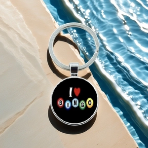 Detail shot of the I Heart Bingo key ring showing the glossy finish and metal ring
