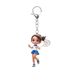 Cartoon acrylic keychain featuring a girl playing badminton with a silver lobster clasp