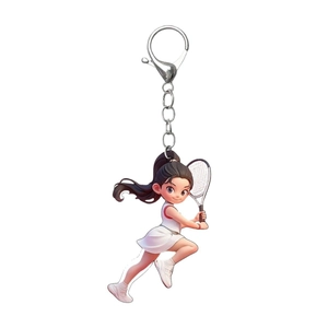 Cute 3D anime style tennis girl acrylic keychain with lobster clasp on white background