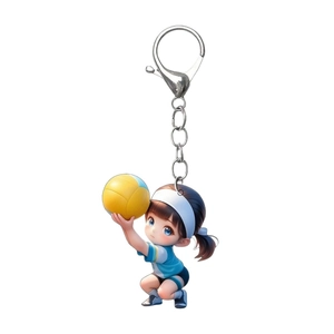 Cute cartoon volleyball girl keychain with brown ponytail and blue sports uniform for bags