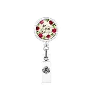 Retractable badge reel with a vintage rose wreath and religious Spanish text print