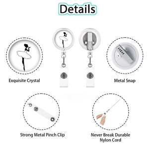 Detail view of retractable badge holder with ballerina silhouette and metal clip