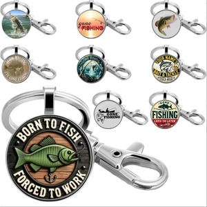Porte-clés Vintage en Alliage de Zinc Thème Pêche pour Hommes Femmes Born To Fish Forced To Work Pendentif en Verre Cabochon Cadeau