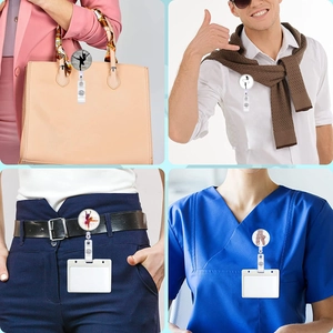 Detailed views of retractable badge reels with ballet themes used on bags and clothing
