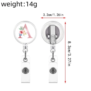 Retractable badge reel with floral letter A, 3.2cm diameter, 14g lightweight design