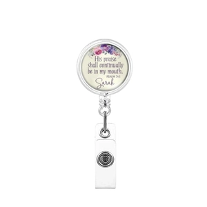 Retractable badge reel with floral design and motivational Bible verse Psalm 34:1
