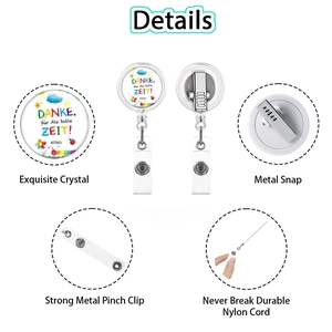 Detail view of retractable badge holder with German text and strong metal pinch clip