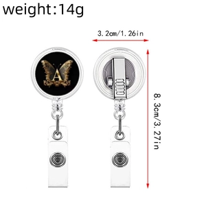 Retractable badge reel featuring gold butterfly and letter A print with metal belt clip
