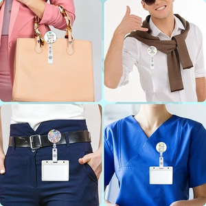 Close-up of retractable badge reel with German gratitude design on various work uniforms