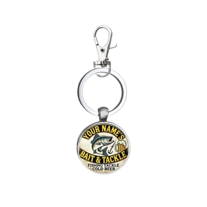 Vue détaillée d'un porte-clés de pêche en argent avec pendentif en verre personnalisé