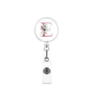 Retractable badge reel holder with floral letter E design and clear vinyl strap